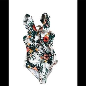 Boutique Hawaiian Floral Lace Up Bust One Piece Swimsuit Ruffles Coconuts Sz S
